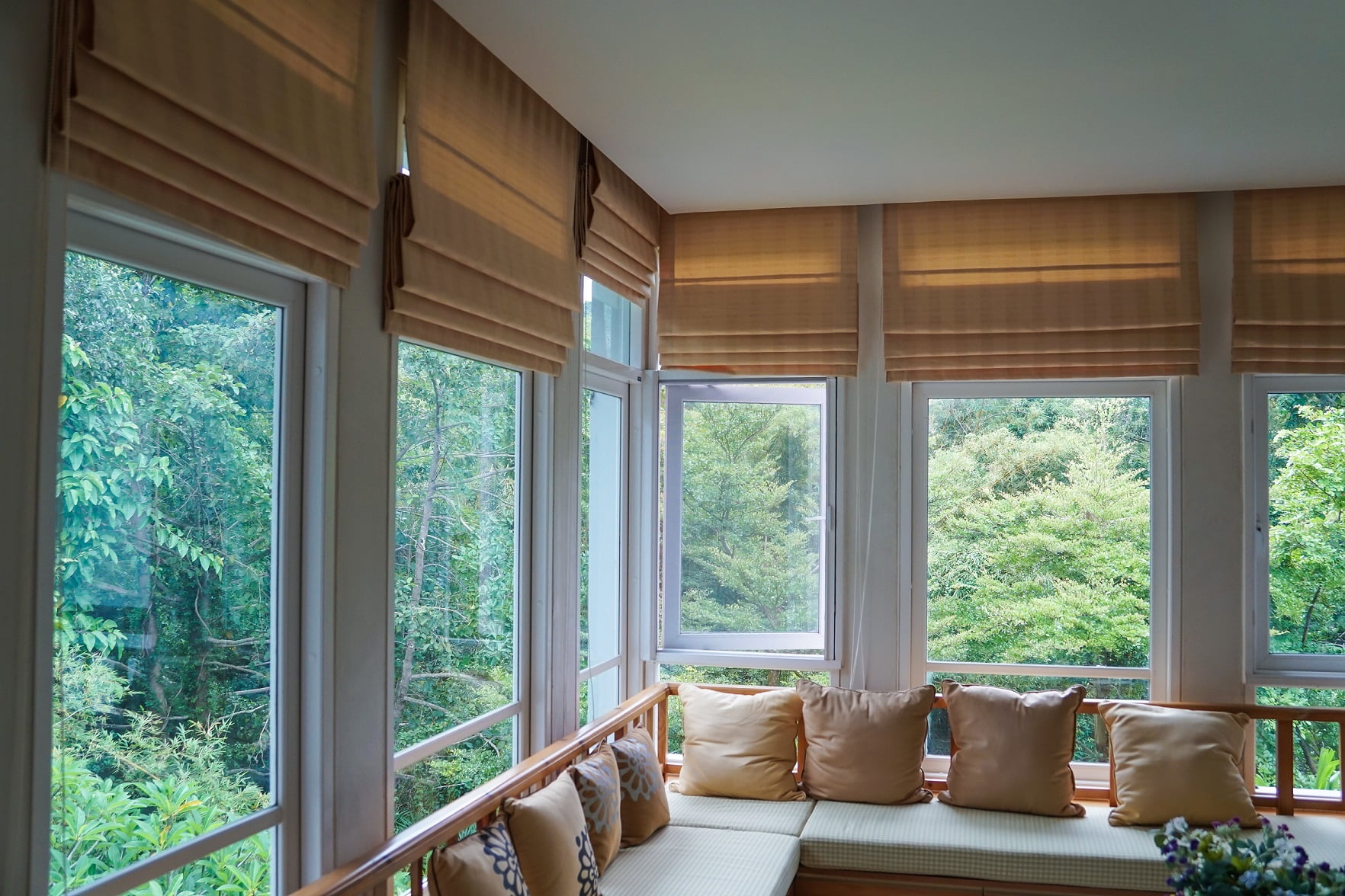Brown roman blind shade curtain tree forest mountain | The Blind Guy of 30A in Beach, FL