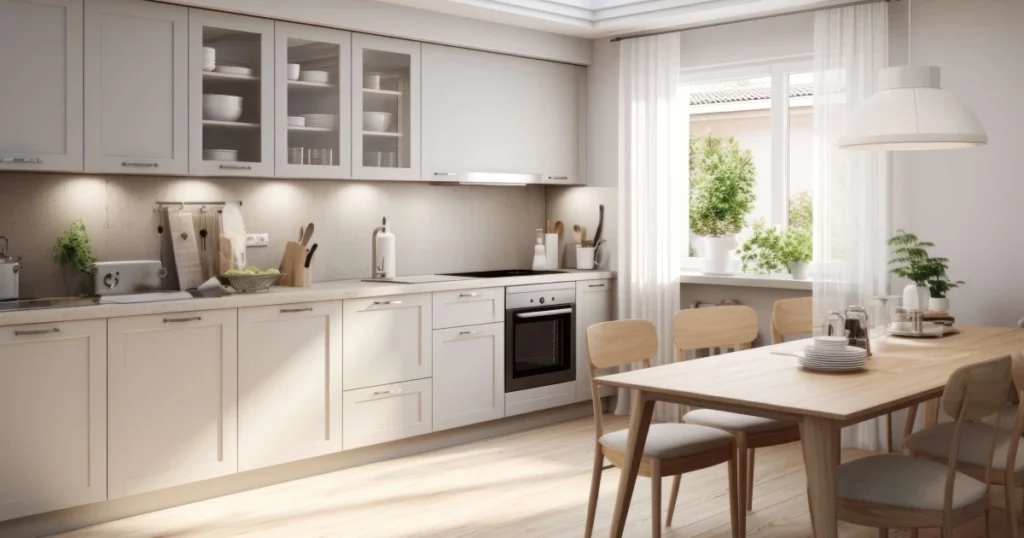 A modern, bright kitchen and dining space in South Walton with woven wood accents, neutral tones, beige cabinets, stainless steel appliances, and a sunlit wooden dining table.
