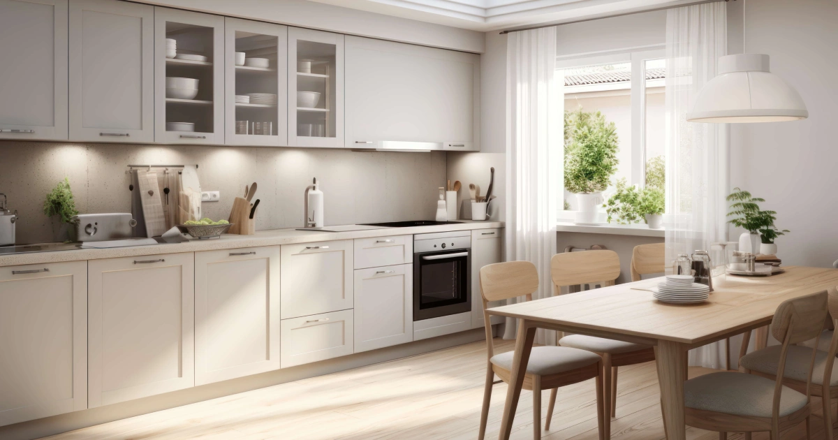 A modern, bright kitchen and dining space in South Walton with woven wood accents, neutral tones, beige cabinets, stainless steel appliances, and a sunlit wooden dining table.