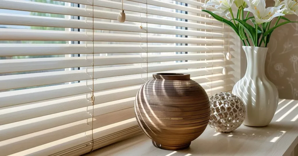 Interior view of a coastal home with white window blindsshades partially lowered, showcasing the controlled light and elegant coastal aesthetic.