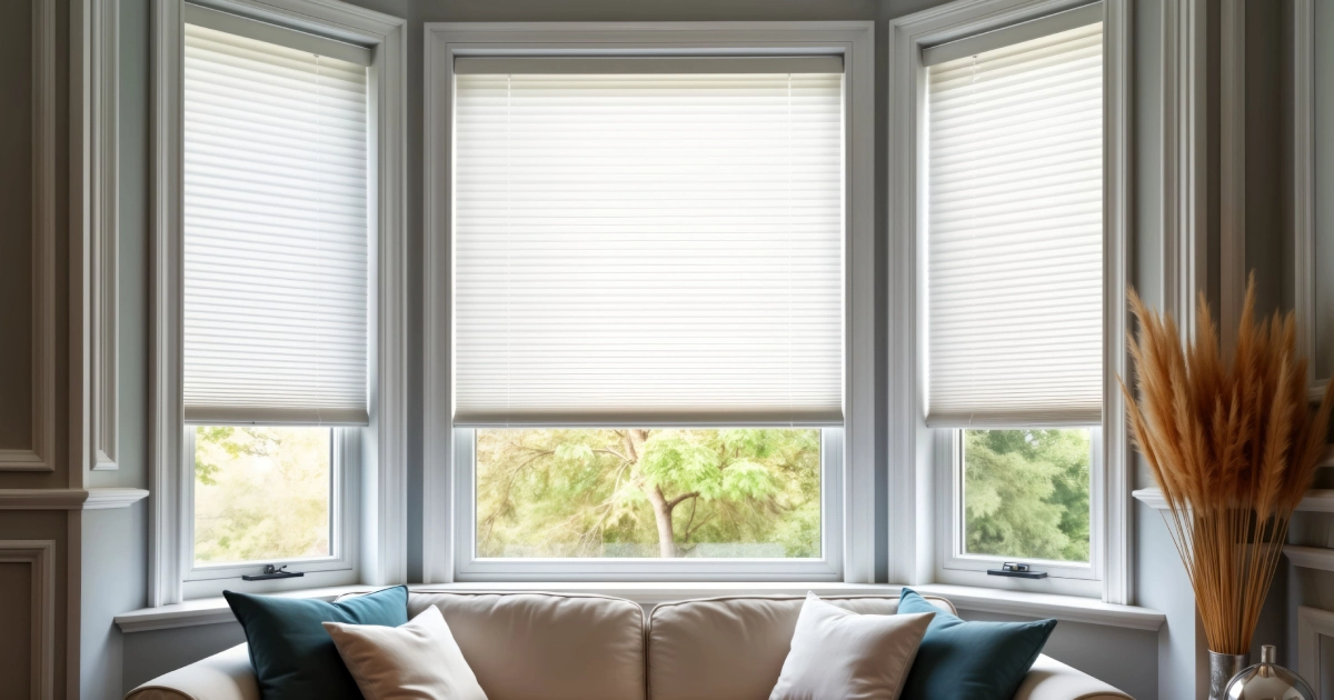 Three bay windows with white pleated blinds, a light sofa with teal pillows, and a vase of dried pampas grass, featuring Patio and Exterior Shades in South Walton.