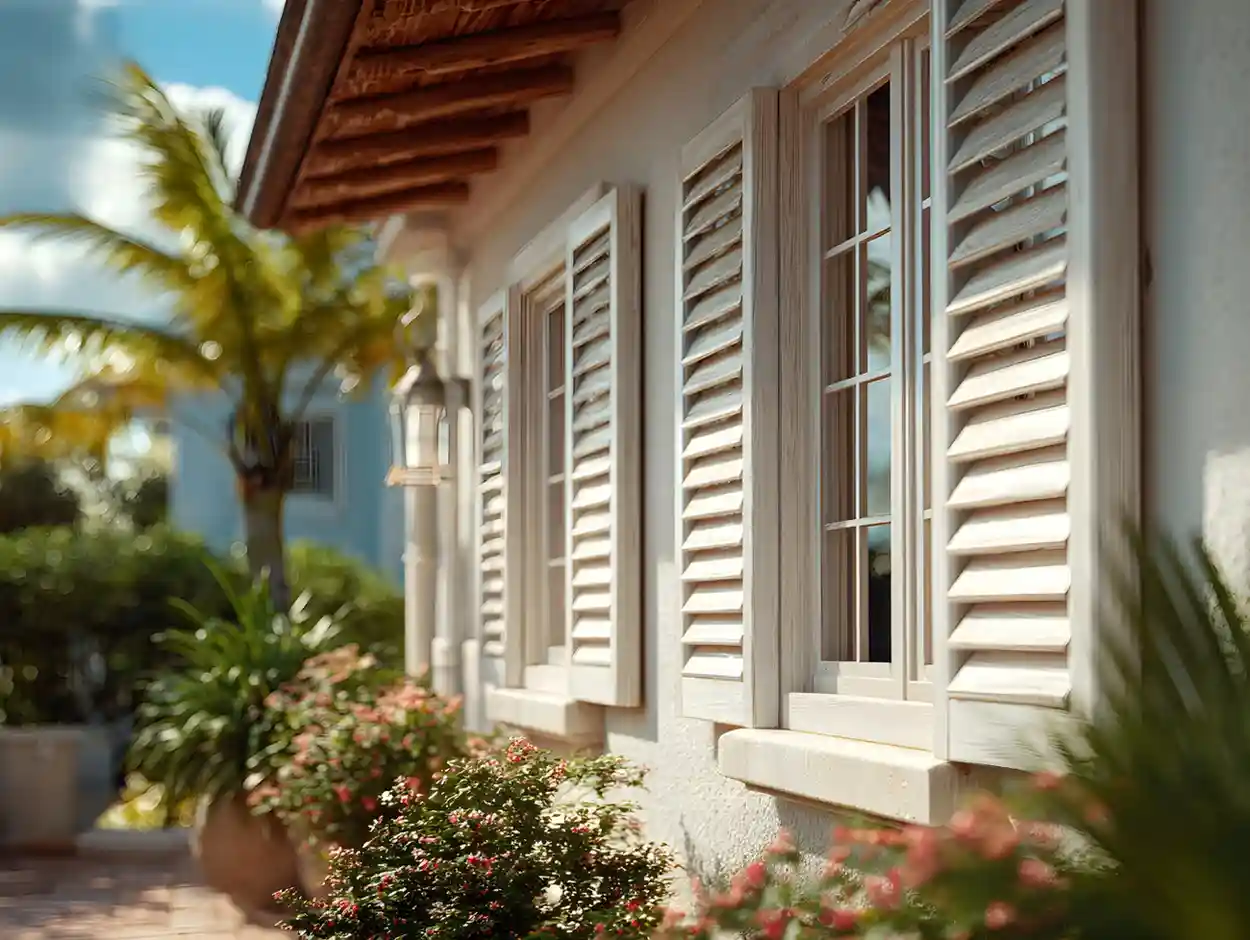 Exterior plantation shutters on a South Walton home for hurricane protection and storm preparedness